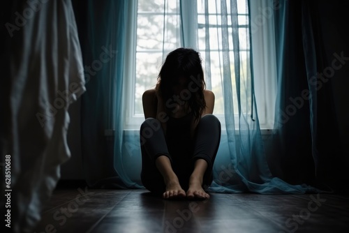 Sad young woman sitting in the bedroom, People with depression concept, Frustrated confused female feels unhappy. photo