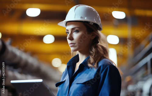 Industrial worker using digital tablet while supervising production at plant.
