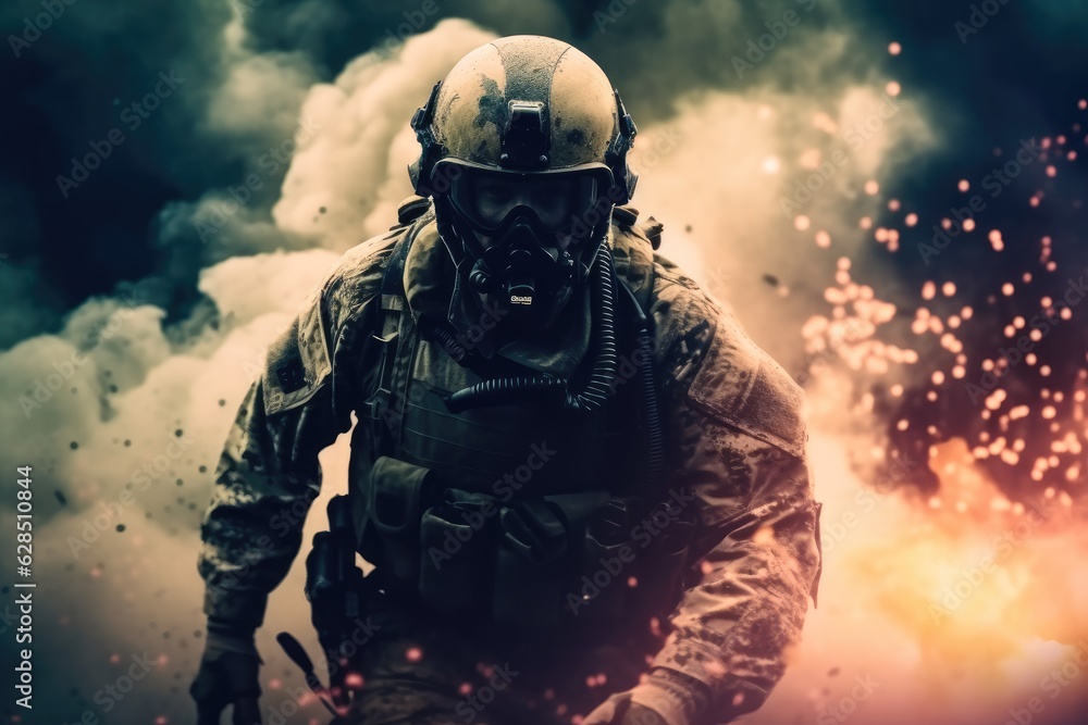 Army soldier in action on war, Great explosion with fire and smoke billows.