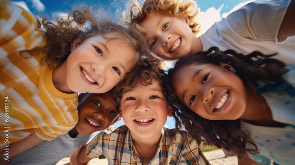 Portrait of children smile for summer holiday, weekend and playing together, Friends, Below view. Portrait of children smile for summer holiday, weekend and playing together, Friends, Below view.