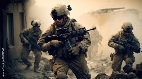 Counter terrorist team on the move on war, US marines in action.