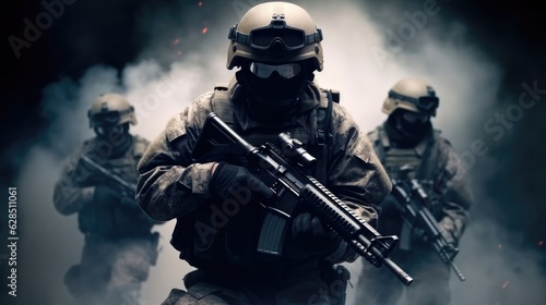 Group of soldiers on a background of smoke on war area, Concept of military operations, Special operations.
