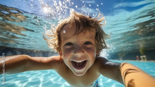 Happy kid having fun swimming underwater, Healthy lifestyle, people water sport activity, swimming lessons on holidays with kids. © visoot