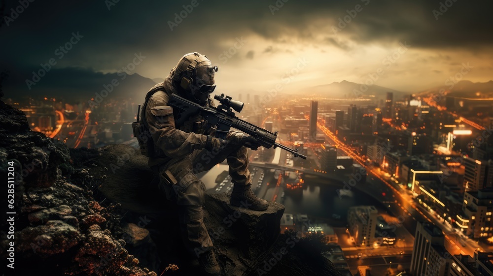 Hunter shooting with sniper rifle. Hunter shooting with sniper rifle.