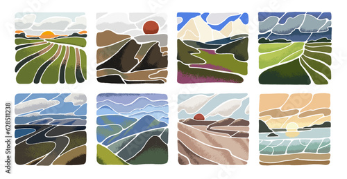 Abstract landscape set. Modern art in minimal style. Painted wild nature, sunset, mountains, desert, meadow, beach, sea and sky. Summer and spring view. Hand drawing flat textured vector illustration