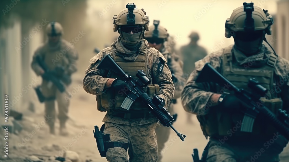 Group of soldiers on a background of smoke on war area, Concept of military operations, Special operations. Group of soldiers on a background of smoke on war area, Concept of military operations, Special operations.