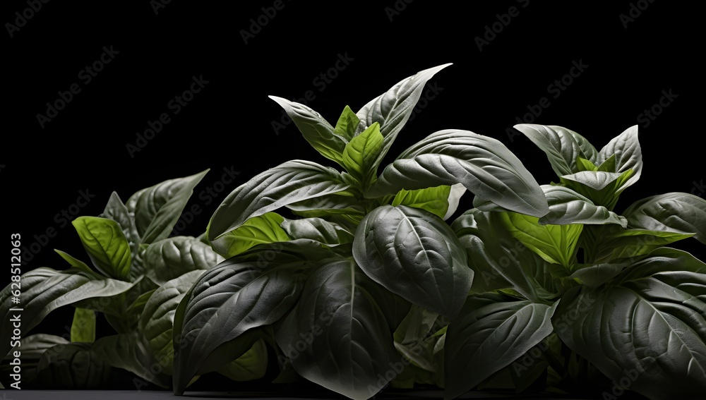 Fresh basil leaves in plate on a grey background created with Generative AI technology Fresh basil leaves in plate on a grey background created with Generative AI technology