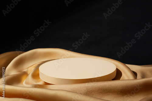 jewelry product stand cosmetic display podium on golden soft fabric landscape horizontal