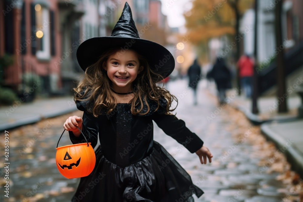 cute girl dressed in halloween costume outdoors with pumpkins trick or treat bucket made with generative ai technology
cute girl dressed in halloween costume outdoors with pumpkins trick or treat bucket made with generative ai technology