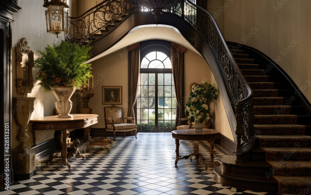 Charming Entryway With Grand Staircase And Intricate Tile Flooring Traditional Interior Design. Generative AI