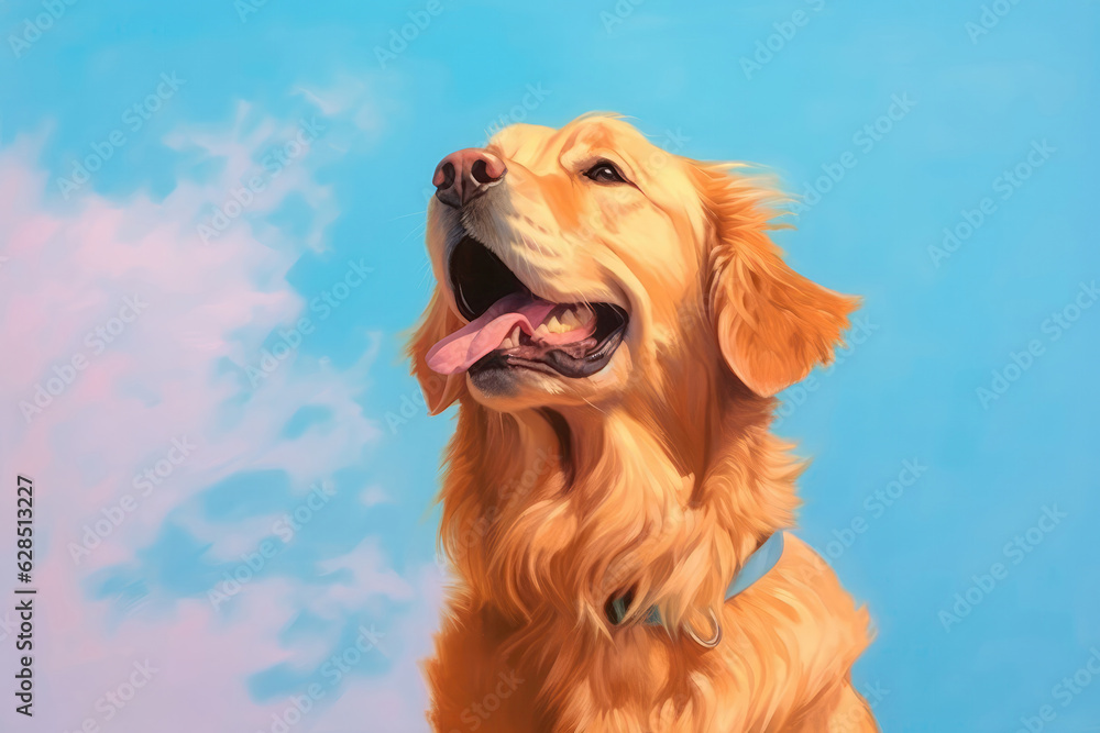 Golden Retriever Dog On Sky Blue Color Background. Generative AI