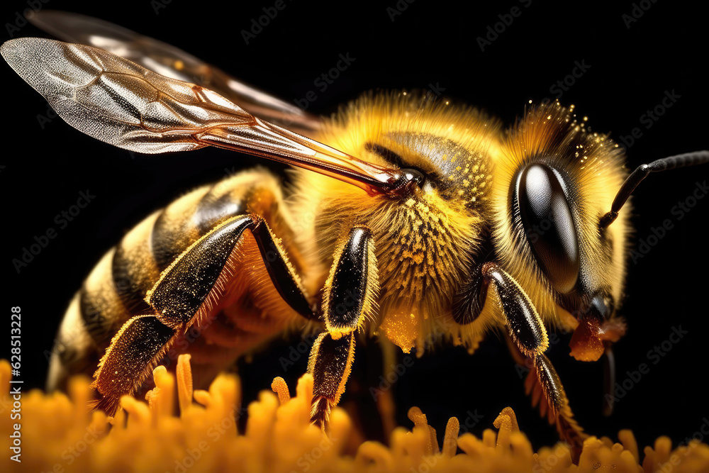 Bee Collectipng Pollen, Showcasipng Its Fuzzy Body Magnified. Generative AI Bee Collectipng Pollen, Showcasipng Its Fuzzy Body Magnified. Generative AI