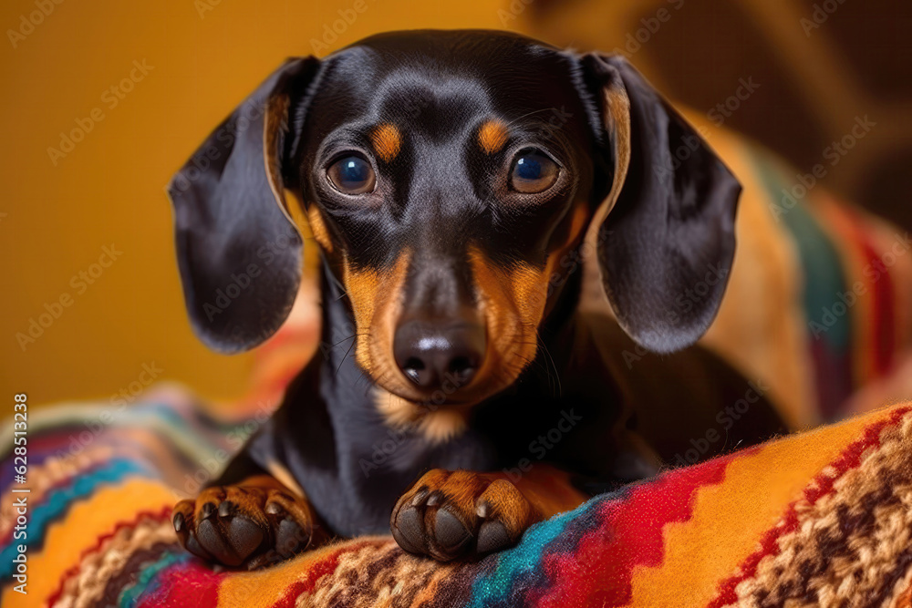 Dachshund Wrapped In Colorful Scarf, Lounging On Cushions Cold At Home. Generative AI