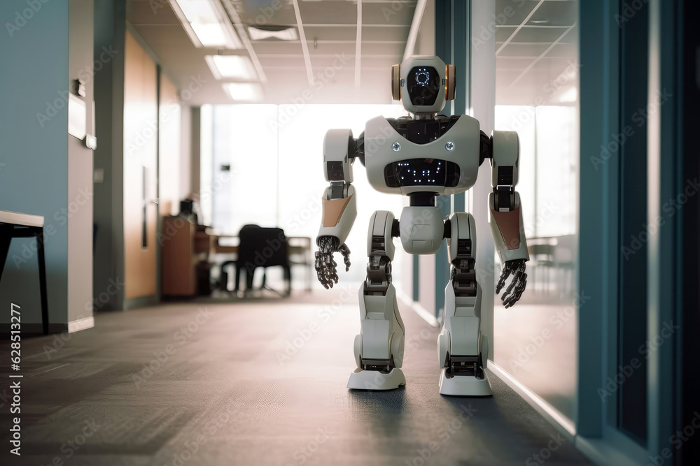 Robot Walks Down Office Corridor. Generative AI