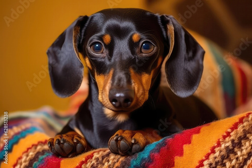 Dachshund Wrapped In Colorful Scarf, Lounging On Cushions Cold At Home. Generative AI