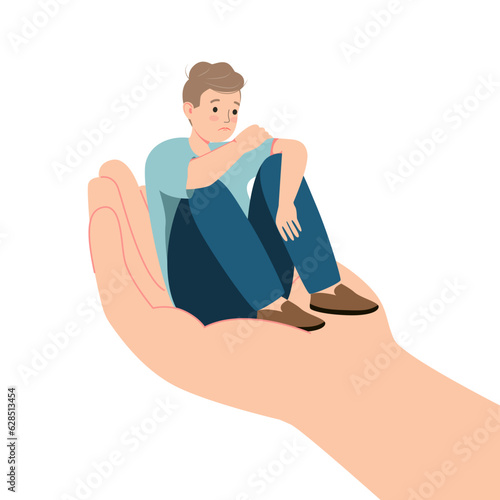 Human hand helps a sad man to get rid of anxiety. The counselor supports the teen with psychological problems. Mental health aids and medical help for people under depression