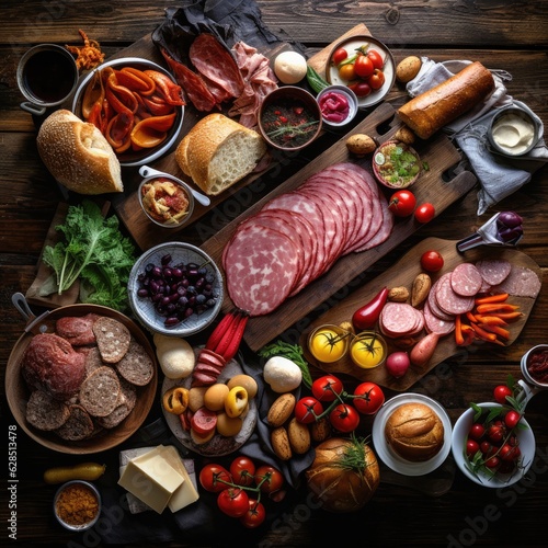 High angle view of assortment of food on a table