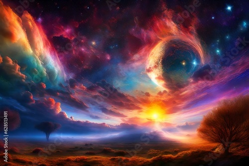 A mind altering hallucinogenic sunrise seen in a multidimensional dreamlike realm,## and visually stimulating ## transcendent rising quasars and nebulas in the sky