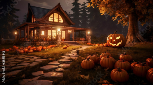 Haunted house decorated with spooky jack o'lantern carved pumkins and maple tree, very creepy place for trick or treating on Halloween night, with copy space.