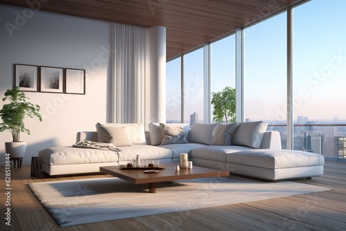 Modern white living room interior 3d rendering image.A blank wall with pure white. Decorate wall with extrude horizon line pattern and hidden warm light,Generative AI