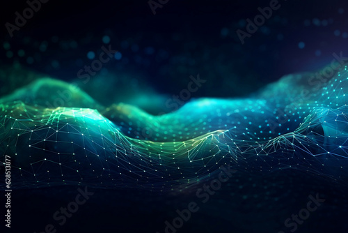 Neon glow low poly mesh in green and blue gradient color futuristic technology abstract landscape background.