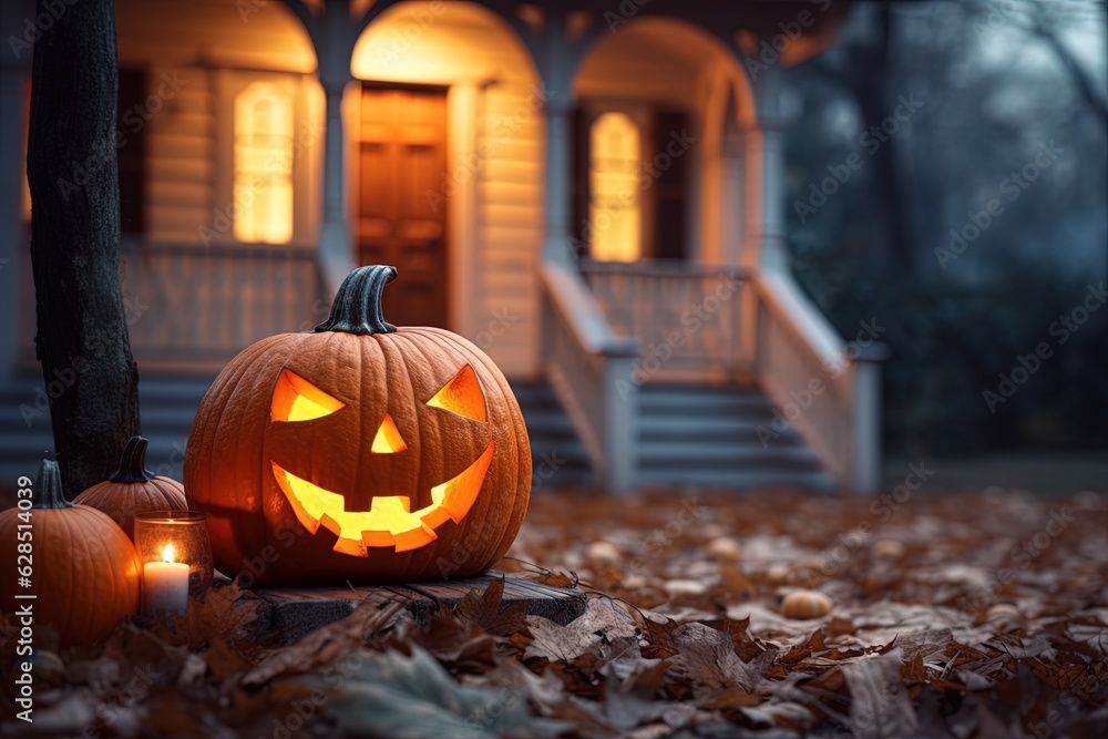 Halloween pumpkins in front of a house at night, Halloween background.Generative Ai Halloween pumpkins in front of a house at night, Halloween background.Generative Ai