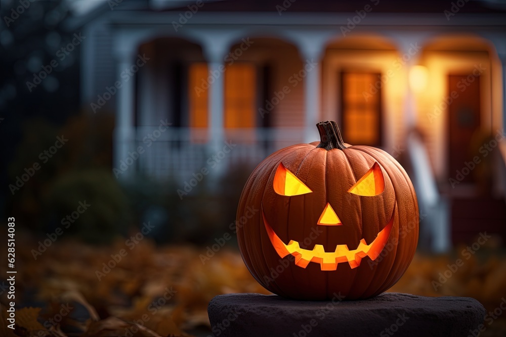 Halloween pumpkins in front of a house at night, Halloween background.Generative Ai Halloween pumpkins in front of a house at night, Halloween background.Generative Ai