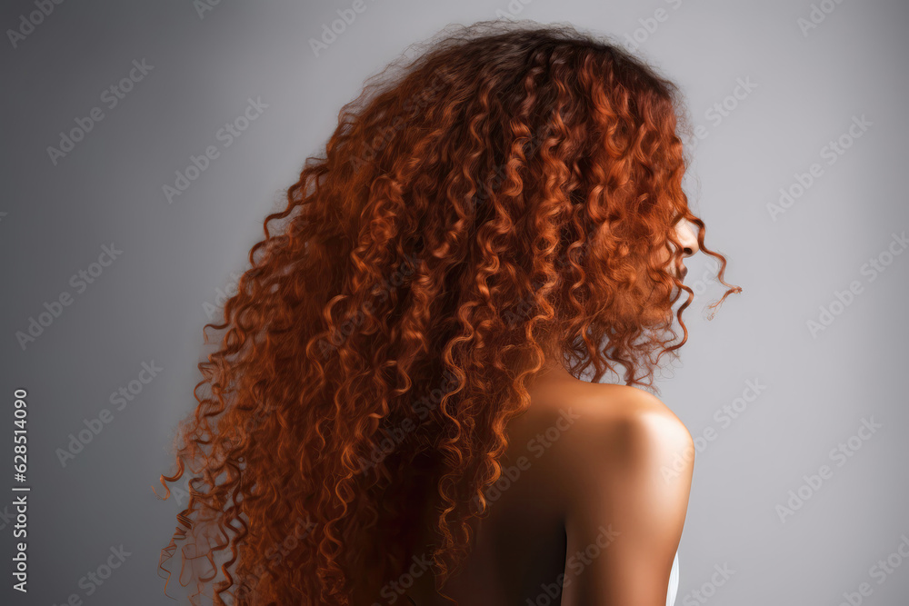 Long Auburn Afro Curls , Rear View On White Background. Generative AI - obrazy, fototapety, plakaty 