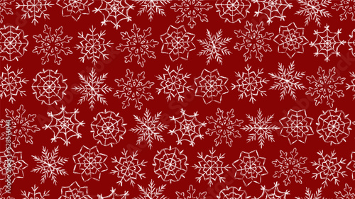Chalk  snowflakes pattern.Children drawing crayon style snowflake print.Hand drawn wax crayons art on red backdrop.New year and Merry Christmas snowflakes.Color pastel crayons freehand drawn snowflake