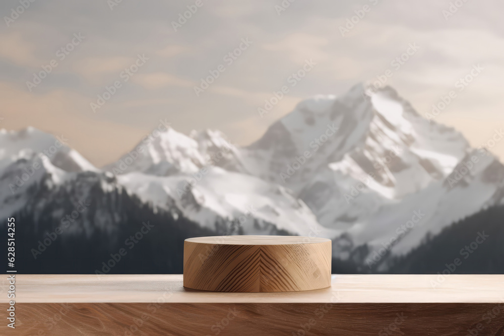 Mock Up For A Cosmetic Or Food Product. Wooden Podium Tabletop Blurs The Snowy Mountain Peaks Backdrop, Closeup. Generative AI