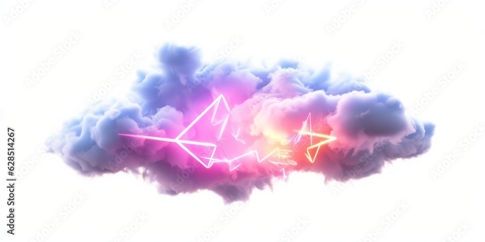 3d render, geometric sign glows with neon light inside the colorful cloud isolated on white background, fantasy sky. Stormy cumulus with geometric shape