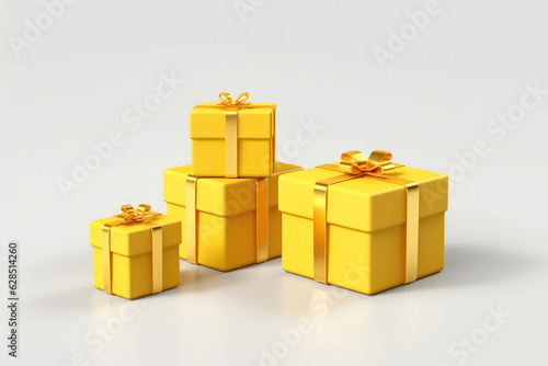 Yellow Gift Boxes Set On White Background, 3D. Generative AI