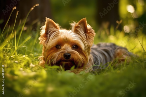 Yorkshire Terrier Dog Lies In The Beautiful Grass. Generative AI © Anastasiia