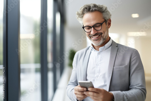 Male professional holding a mobile phone in an office. Generative AI.