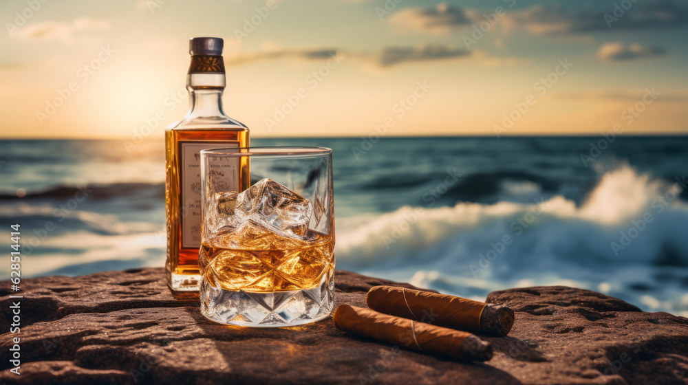 Whiskey bottle, glass, and Cuban cigar, a tropical island in the background of the sea. Generative AI. Whiskey bottle, glass, and Cuban cigar, a tropical island in the background of the sea. Generative AI.