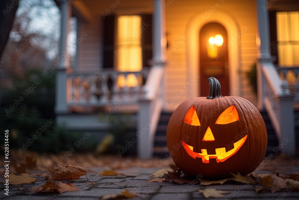Obraz premium Halloween pumpkins in front of a house at night, Halloween background.Generative Ai