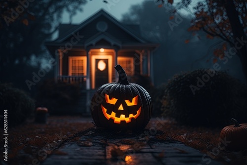 Halloween pumpkins in front of a house at night, Halloween background.Generative Ai