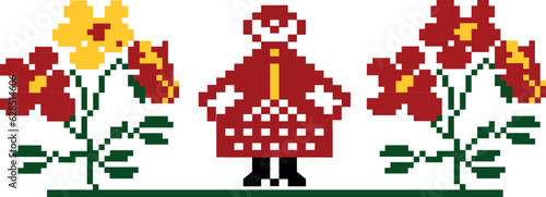 ornament in the Ukrainian, Scandinavian style, with flowers and a woman. in red, black, yellow color, authentic