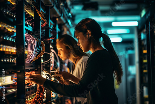 Rear view of two women working in a data center manipulating cables with rows of server racks