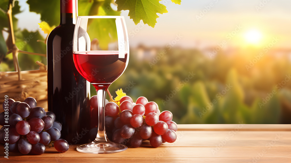 Red wine on wooden table with sunny background