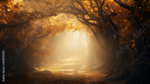 romantic landscape in the autumn fairy tale story of the forest, sun through the fog in a round arch of yellow trees. © kichigin19
