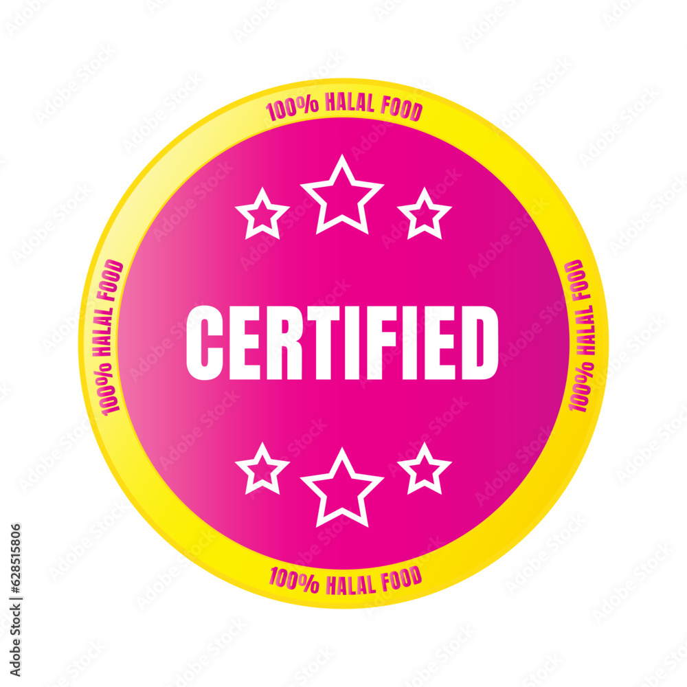 Certified halal food badge stamp, 100% halal food and drink label, Certified halal food badge symbol Certified halal food badge stamp, 100% halal food and drink label, Certified halal food badge symbol
