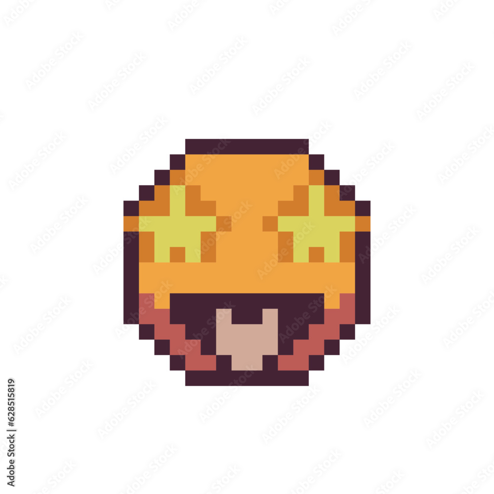 Smiling emoticon with star eyes and tongue icon, funny smile face cartoon character. Pixel art style. 1-bit style. Isolated abstract vector illustration. Smiling emoticon with star eyes and tongue icon, funny smile face cartoon character. Pixel art style. 1-bit style. Isolated abstract vector illustration.