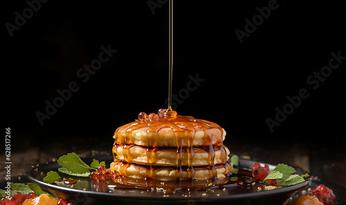 Thick maple syrup pouring onto a stack of fresh pancakes. Selective focus with blurred dark background. Home made delicious breakfast with fruit and butter