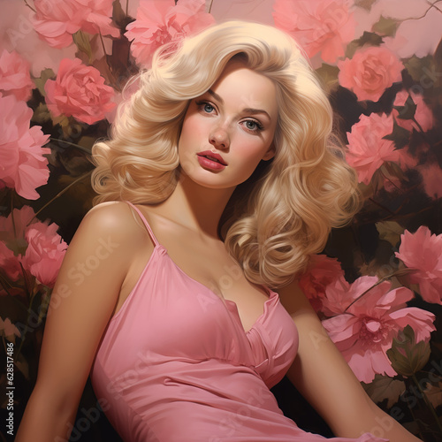 blonde_lady_in_pink_dress_with_flowers_around