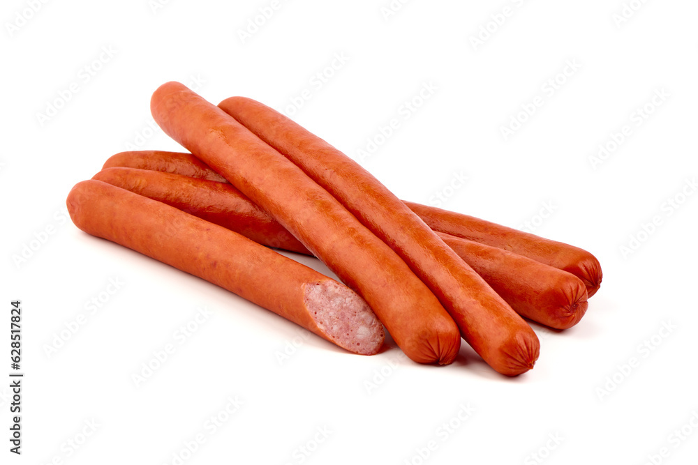 Smoked Hot dog sausages, isolated on white background. High resolution image. Smoked Hot dog sausages, isolated on white background. High resolution image.