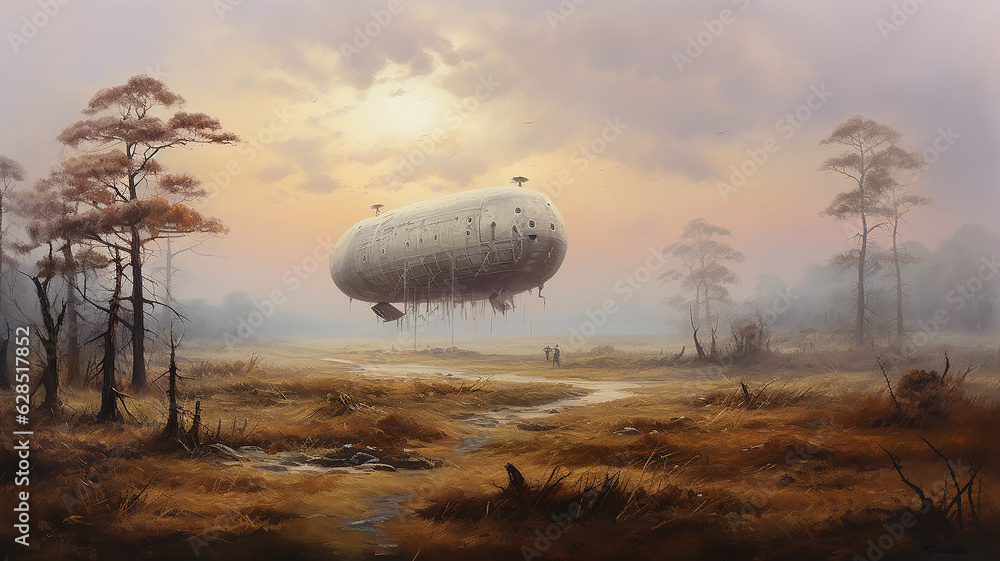 Naklejka premium vintage aerostat flies over a swamp landscape mysterious lost island fantasy world.