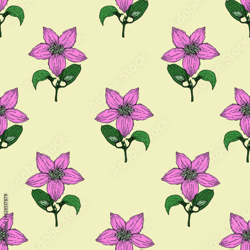 Clematis flower, color pattern on yellow , for printing, for tableware, for office fabric and other things.