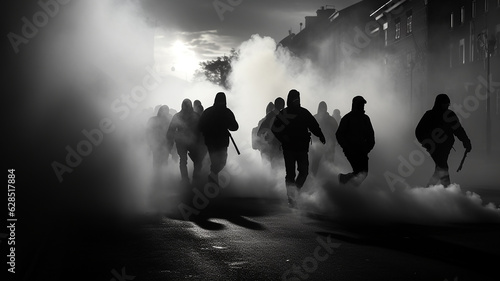 silhouettes of the crowd in the smoke on the street revolution riot. © kichigin19