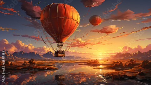 the balloon is flying against the background of the sunset sky landscape travel freedom adventure oil paints.